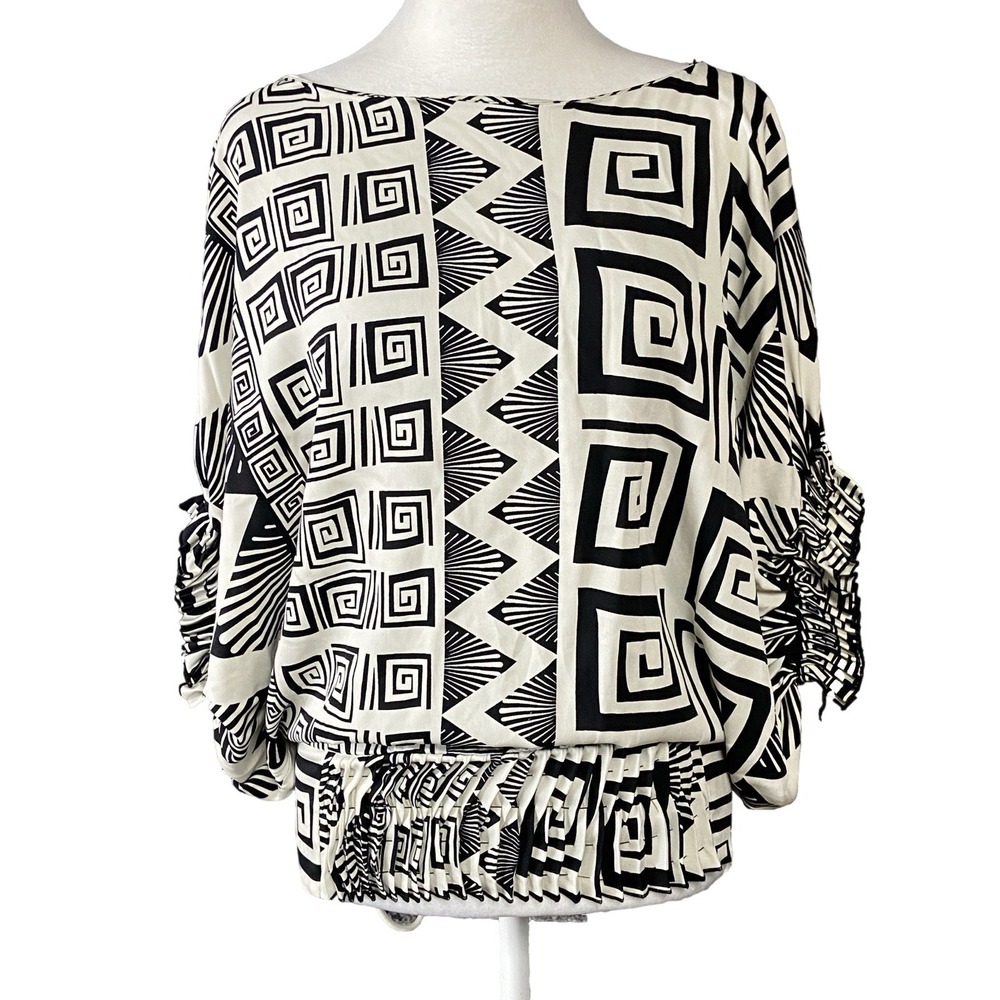 Diane Von Furstenberg Blouse Womens 0 Black White Geometric Silk Dolman Top